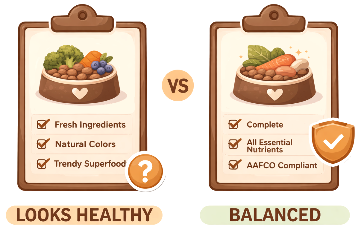 Comparison graphic showing a bowl that looks healthy beside a bowl planned to be balanced