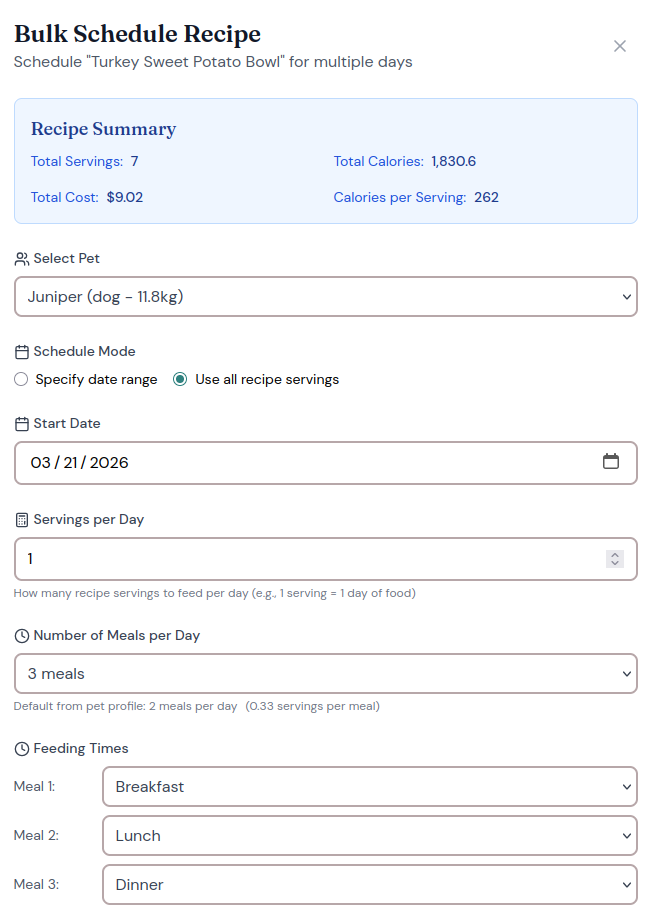 Pawprint Kitchen bulk scheduling modal for assigning a recipe across multiple days