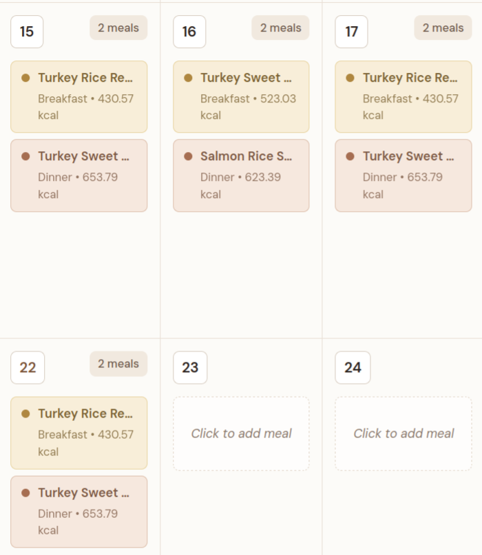 Pawprint Kitchen meal calendar showing scheduled meals across multiple days
