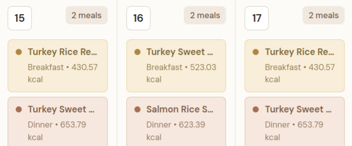 Pawprint Kitchen meal calendar showing one row of scheduled meals