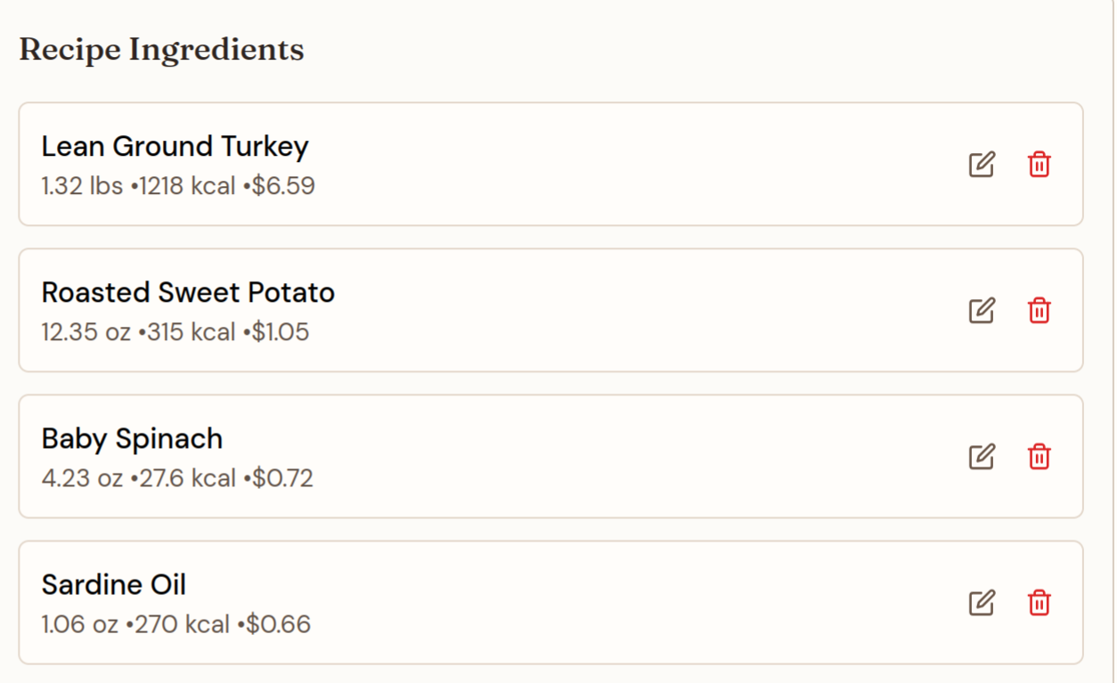 Pawprint Kitchen recipe builder showing ingredients, portions, calories, and estimated costs