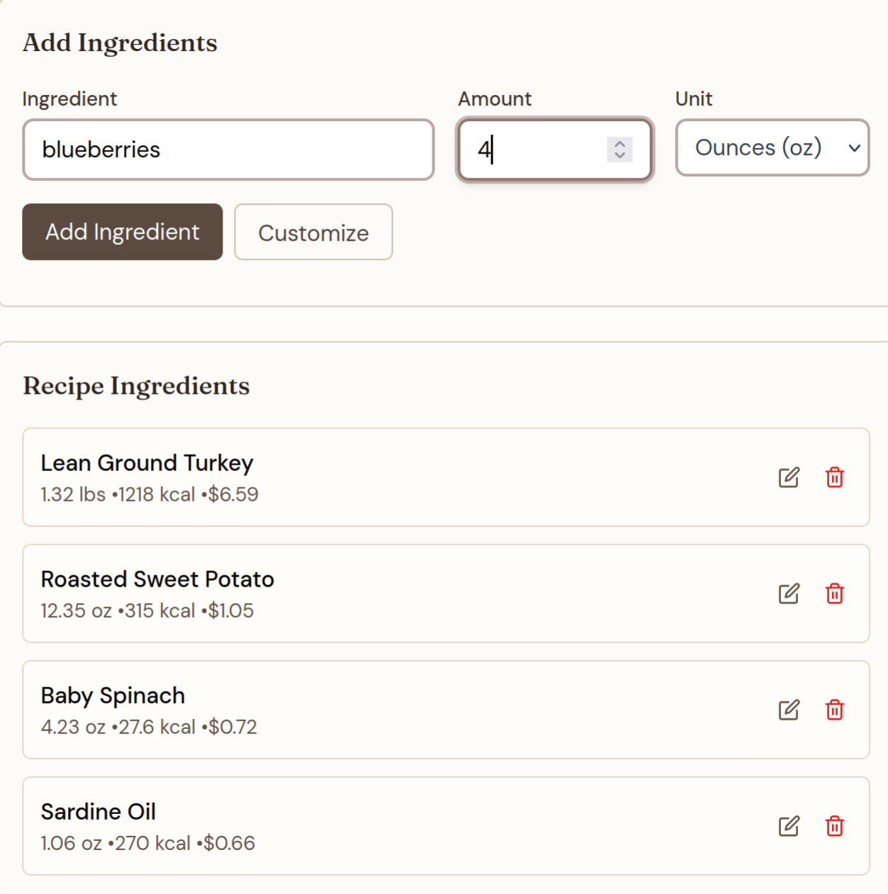 Pawprint Kitchen recipe builder showing ingredient search, amounts, and recipe totals